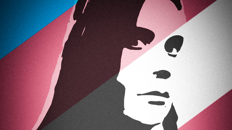 Stylized self portrait by the author. A high contrast silhouette against a background with the trans flag colours (light blue