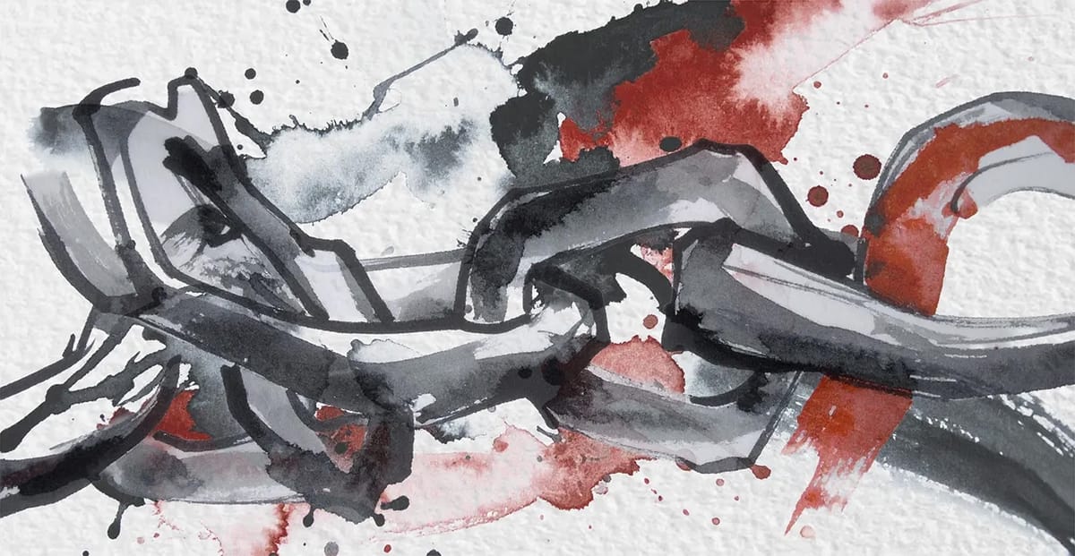 A broken chain over splotches of red and black paint.